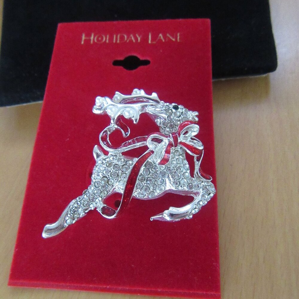 Christmas Reindeer brooch with pave clear crystal rhinestones & red enamel bow